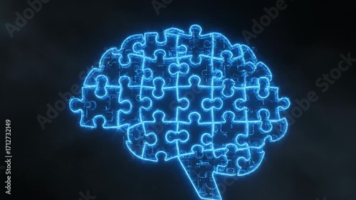 Strategic Innovation: Puzzle Pieces Forming a Brain - Glowing blue puzzle pieces assemble into the shape of a brain, symbolizing strategic thinking, problem-solving, and innovative ideas coming