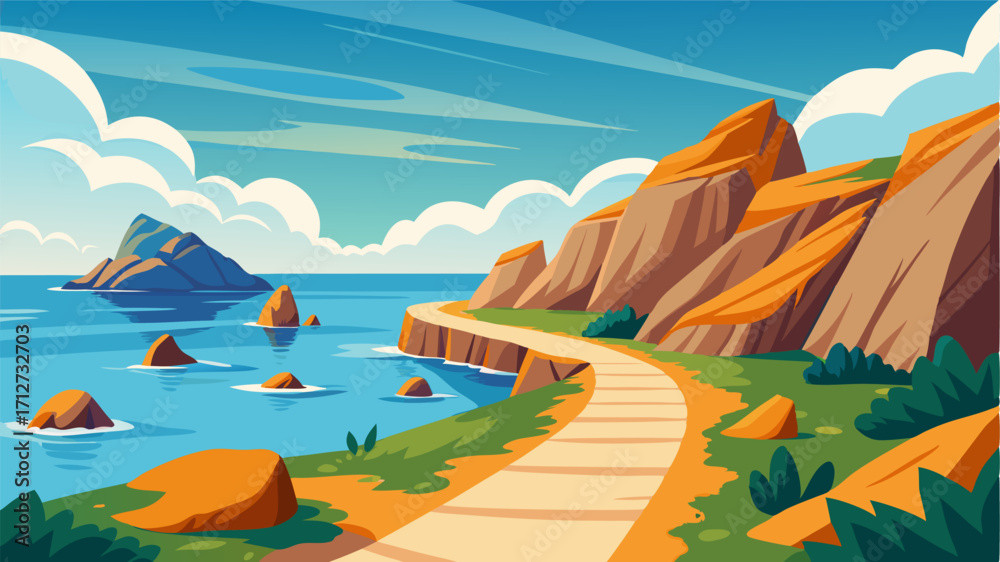 Naklejka premium A tranquil path along the coast with mesmerizing views of the crystal clear waters and rugged rock formations perfect for a peaceful stroll or afternoon picnic.