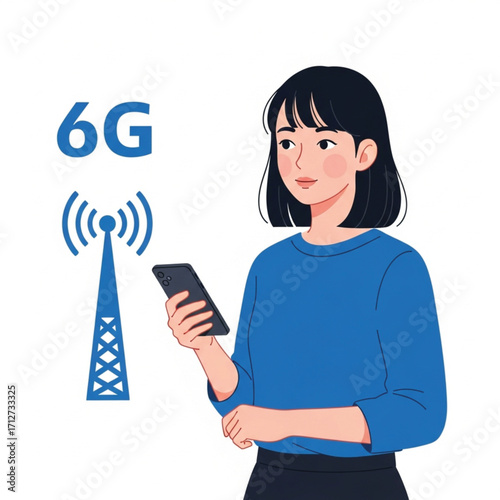 A stylized illustration of a young woman looking at a smartphone, connected to a 6G wireless network tower. EPS Vector