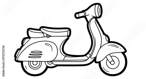 Vintage scooter outlined in black and white, side view.