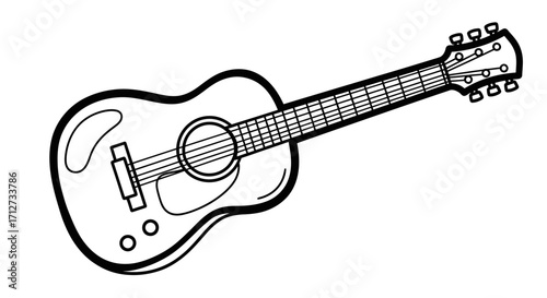 Acoustic Guitar Musical Instrument Line Art on an Isolated White Background, Music and Hobby