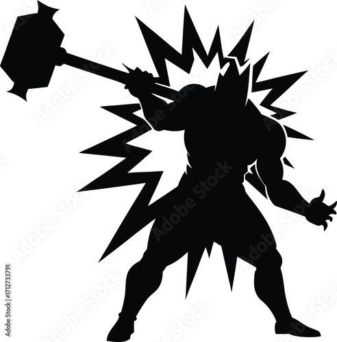 Silhouette of a powerful warrior wielding a large hammer with explosive energy on white background
