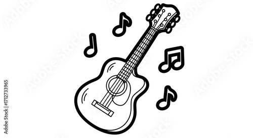Illustration of an acoustic guitar surrounded by musical notes, depicted in black and white line art.