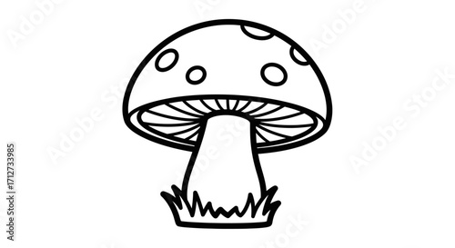 Simple black and white line drawing of a mushroom with spots on its cap.