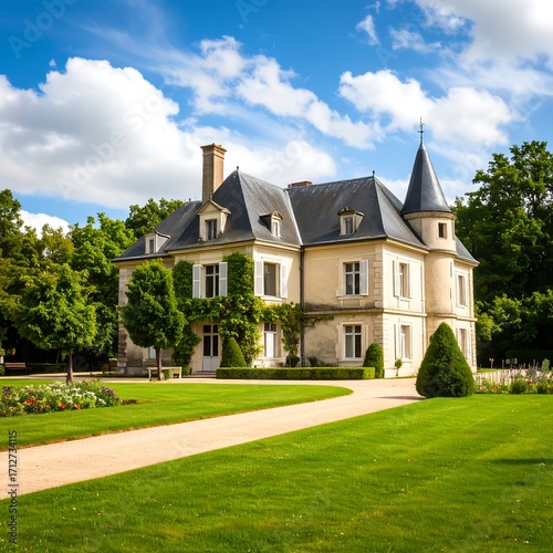 Elegant cream-colored chateau, manicured gardens, sunny day