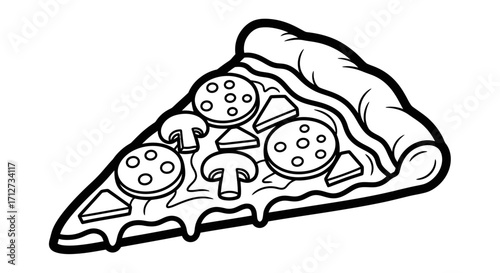 A delicious slice of pizza, illustrated in black and white, showcasing pepperoni, mushrooms, and peppers.
