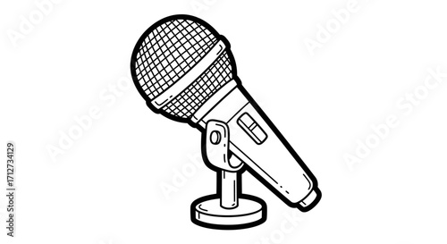 A hand-drawn illustration of a microphone on a stand, ready for use.
