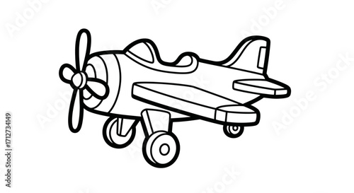 Classic Toy Airplane Outline Drawing with Propeller on Isolated White Background, Simple Aviation Vehicle for Kids Coloring Book.