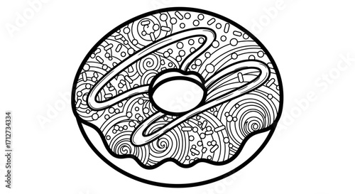 Intricate line art drawing of a donut, adorned with elaborate swirls and patterns, perfect for coloring.