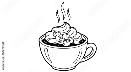 A stylized illustration of a hot chocolate drink with whipped cream and marshmallows.
