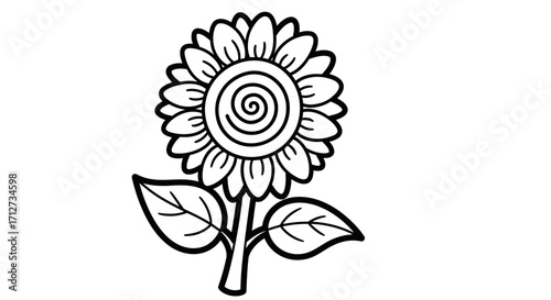 Simple black and white drawing of a sunflower with detailed petals and leaves.