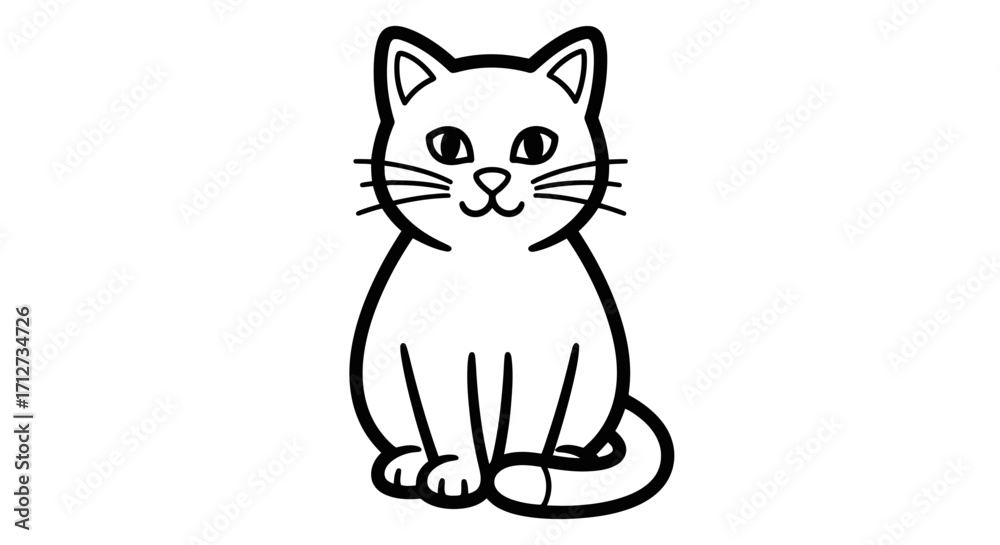 Obraz premium Cute Cartoon Cat Sitting Calmly and Looking Forward on an Isolated White Background