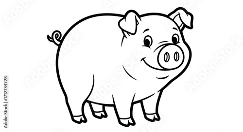 Cartoon illustration of a smiling pig with a curly tail, depicted in black and white outline.