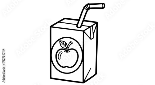 A black and white line drawing of a juice box with a straw and an apple graphic.