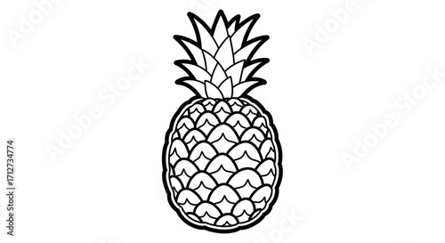 A black and white line drawing of a pineapple, showcasing its textured body and spiky crown.