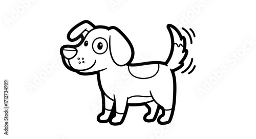 Happy Cartoon Puppy Dog with Wagging Tail Standing Playfully on an Isolated White Background