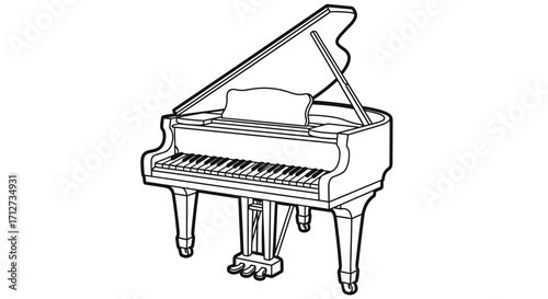Elegant Grand Piano Musical Instrument, Line Art Outline for Coloring Book, Isolated White Background
