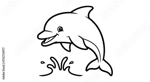 A line drawing of a dolphin leaping out of the water, with splashes around it.