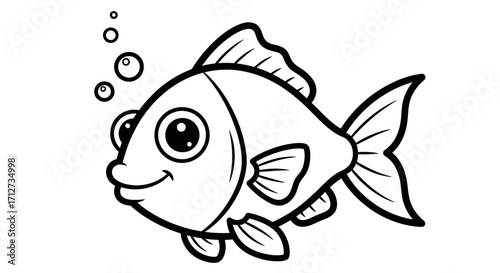 Cartoon illustration of a smiling goldfish swimming with bubbles, presented in black and white outline.