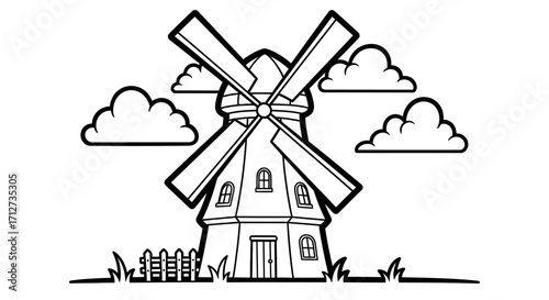 Classic Dutch Windmill with Clouds and Fence in Rural Landscape, Isolated White Background.