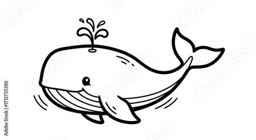 Cartoon whale illustration with water spraying from its blowhole, isolated on white background.