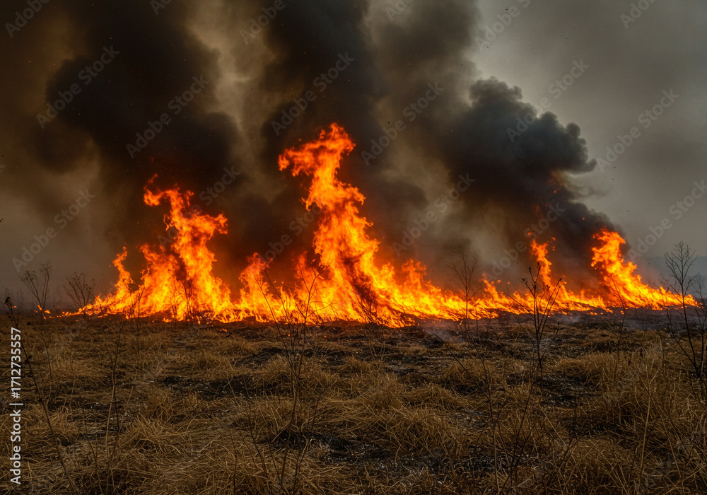 Naklejka premium Wildfire in Parched Grassland – Rapid Spread and Environmental Threat