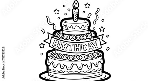 A three-layered birthday cake with a lit candle, confetti, and a banner proclaiming "Birthday".