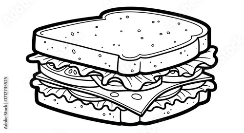 A delicious-looking, line-art drawing of a hearty sandwich filled with lettuce, tomato, and cheese.