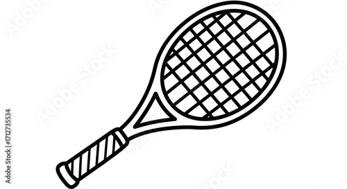 A simple line drawing of a tennis racket, angled, showing the strings and grip.