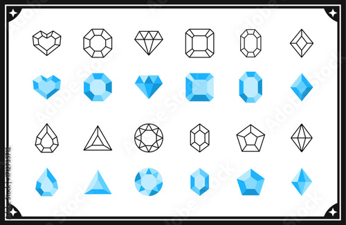 Diamond Icon set. Black outline jewelry icons. Vector illustration