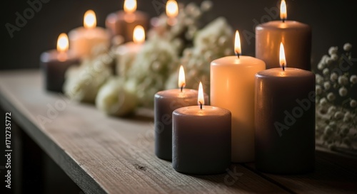 Lit candles with flowers on wooden surface for memorial