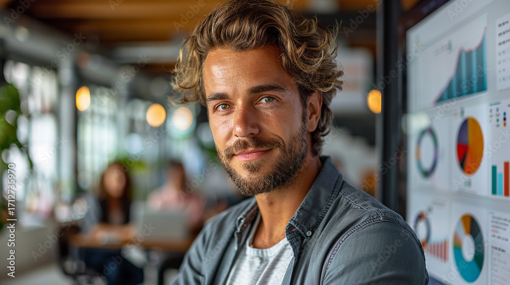 Obraz premium Young professional man presenting in a modern conference room, gesturing at screen with charts, natural daylight and shallow focus on speaker
