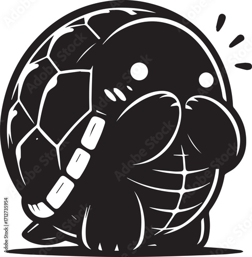 Cute cartoon black turtle character hiding face with paws shy expression adorable animal