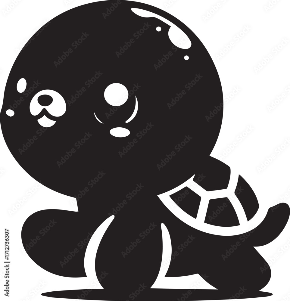 Fototapeta premium Adorable kawaii black turtle silhouette with big eyes and shell cute animal graphic