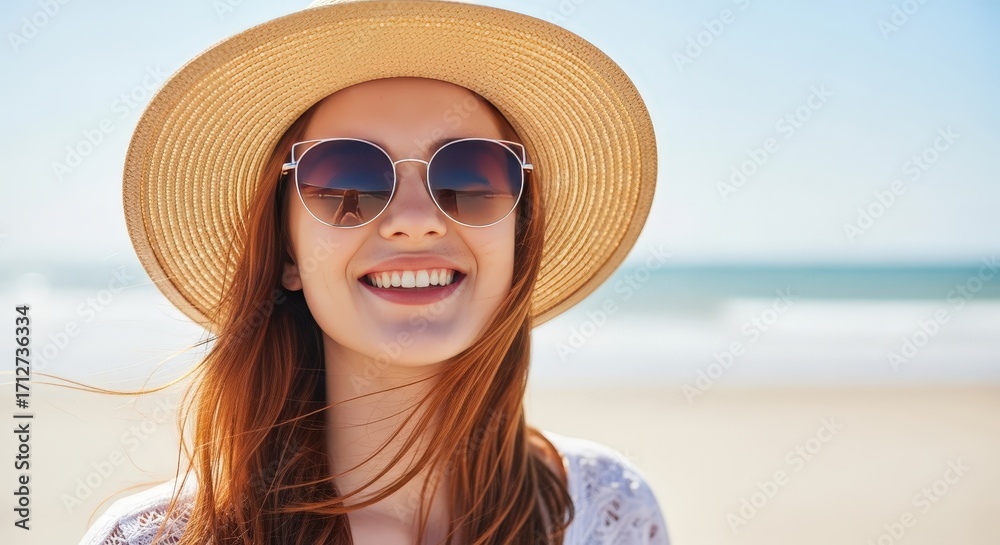 Fototapeta premium Happy woman in sunhat and sunglasses smiling at the beach