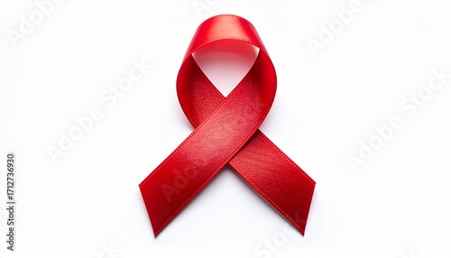 High resolution close-up of a red silk awareness ribbon on a clean white background. Perfect for World AIDS Day campaigns, HIV awareness, healthcare, and solidarity concepts.
