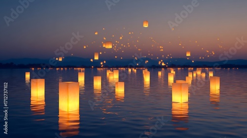 Sky lanterns floating on the water during the yi peng festival in chiang mai