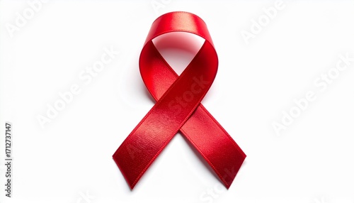 High resolution close-up of a red silk awareness ribbon on a clean white background. Perfect for World AIDS Day campaigns, HIV awareness, healthcare, and solidarity concepts.