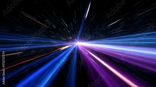 Abstract warp speed light motion with glowing streaks in space