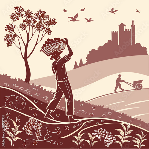 Wine background Modern Flat Vineyard Harvest vector Illustration