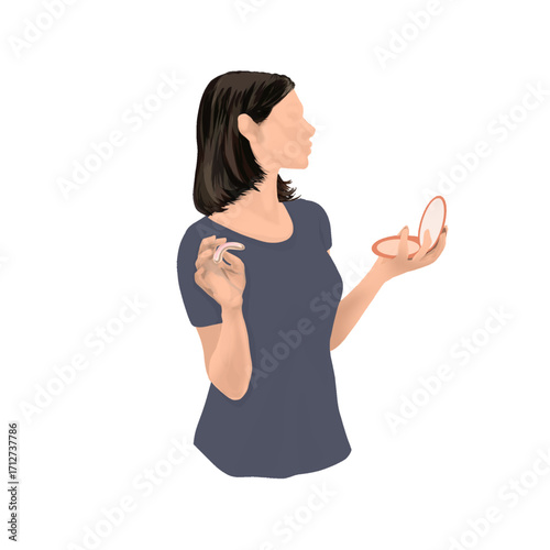 a woman applying makeup without a background