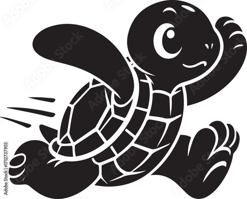 Cute cartoon turtle running fast with flippers out happy goofy smile and speed lines