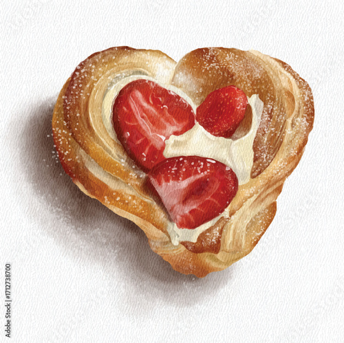 Heartshaped Strawberry Danish Pastry with Cream Illustration