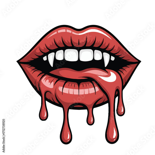 Close-up illustration of vampire lips with fangs and dripping blood symbolizing mystery danger and Halloween