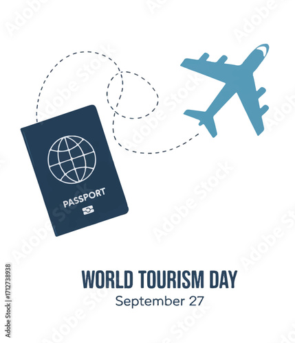 Passport and airplane icon for World Tourism Day September 27 symbolizing travel adventure and global exploration