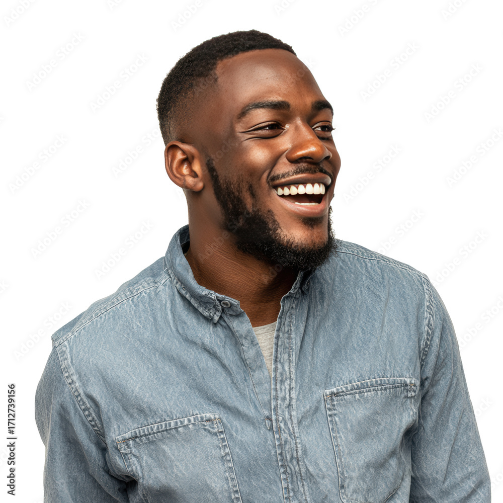 Obraz premium Smiling Sub-Saharan African man in denim shirt against transparent background