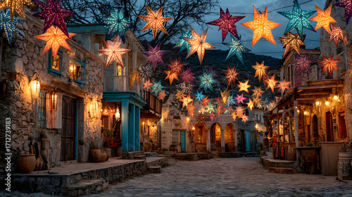 Posada navideña en un pueblo mexicano sobre la calle adornada con estrellas multicolores gente feliz celebrando entre los adornos brillantes, felices por la navidad mexicana