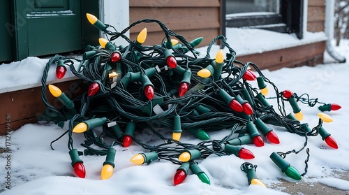 The tangled remains of a broken string of old Christmas lights lying in a heap on a snow-covered porch.