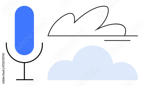 Blue microphone with abstract clouds in modern lines. Ideal for podcasting, audio recording, content creation, communication, cloud computing, data storage, digital media. Simple flat metaphor
