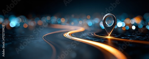 3D render of sleek curved road with location pin on digital map, futuristic travel and global connection concept